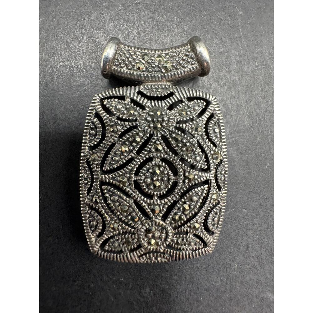 Vintage 925 Sterling Silver Marcasite Rectangular Charm Pendant Filigree